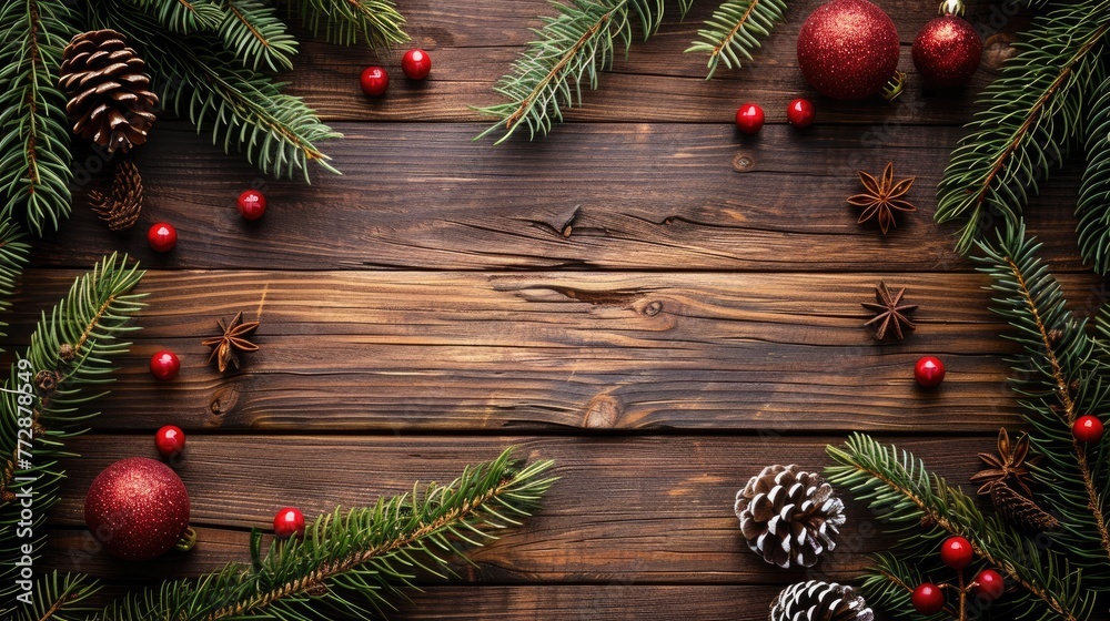 Christmas tree branch decorations on a wooden table with top view copy space Christmas tree branch decorations on a wooden table with top view copy space
