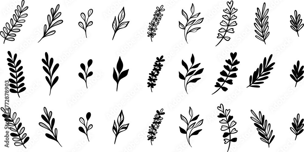 Fototapeta premium Cute leaf doodle set, vector illustration, modern isolated clip art element collection