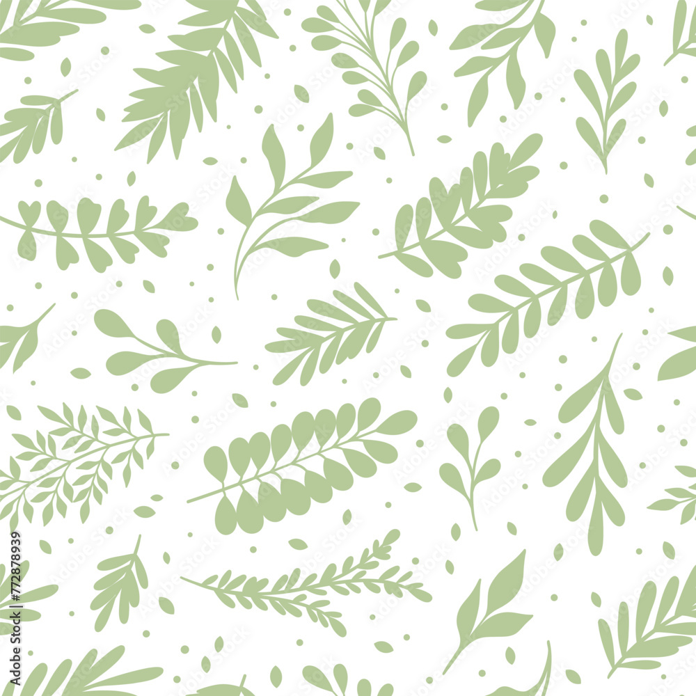 Leaf seamless repeat pattern, vector wallpaper green and white leaves print - obrazy, fototapety, plakaty 