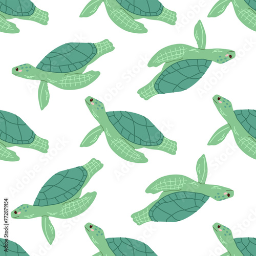 Cute hand-drawn colored marine green turtle, seamless pattern in flat style, ocean aquatic underwater kawaii vector. Vector cartoon illustration on white background.