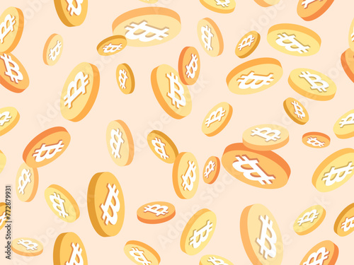Bitcoin seamless pattern. 3D coins with Bitcoin symbol on a beige background. Golden coins. Bitcoin cryptocurrency, crypto trading. Design of wallpapers, banners and posters. Vector illustration
