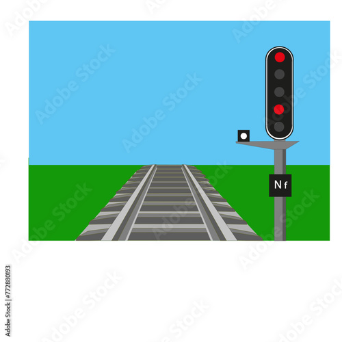 Signalisation ferroviaire indiquant un signal d'arrêt avec voie ferrée et fond de ciel bleu