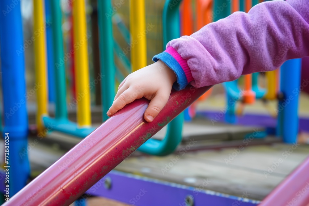 childs hand sliding down a colorful playground handrail