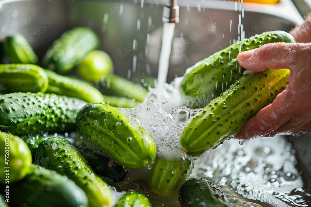 Obraz na plátně individual washing fresh cucumbers for pickling