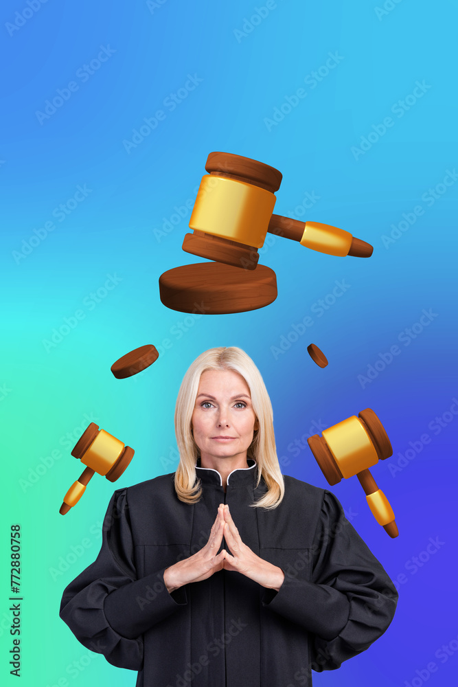Φωτογραφία Vertical photo collage picture honorable woman lawyer courthouse judge hammer ve