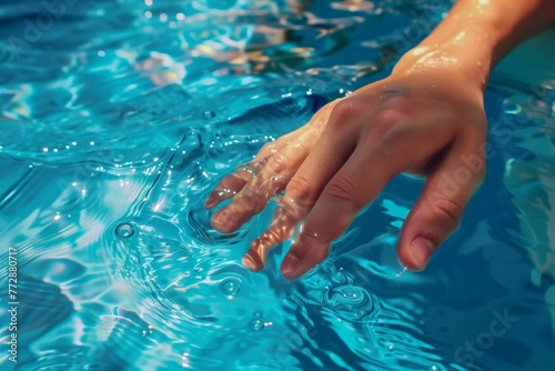 hand testing swimming pool temperature, fingers stirring the water © studioworkstock