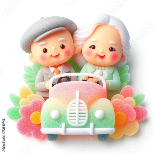 a cute couple grandparents in car with flowers made of pastel color rainbow gummy candy on a white background © JetHuynh
