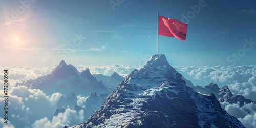 flag on the mountain peak, meaning overcoming difficulties, goal achievement, winning strategy with focus on results.. generative ai 