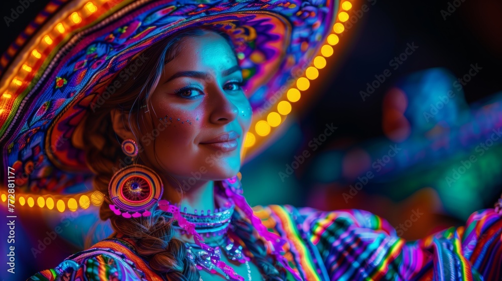 Fototapeta premium Woman dancer at the Cinco de Mayo traditional festival in neon light. Mexico Guadalajara. Beautiful female model in traditional costume and sombrero dancing. Celebration, holiday, travel concept.