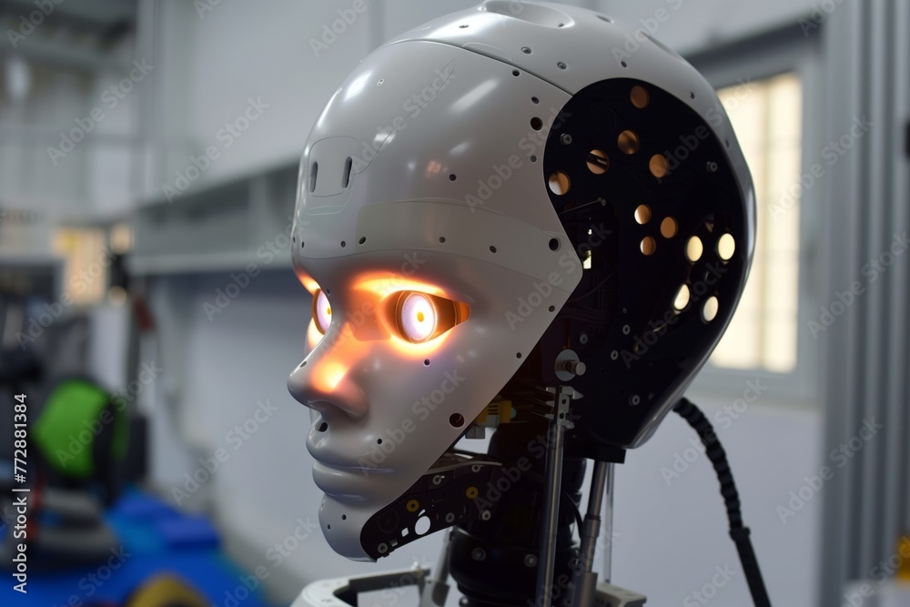humanoid robot head with eyes lit up during quality check humanoid robot head with eyes lit up during quality check