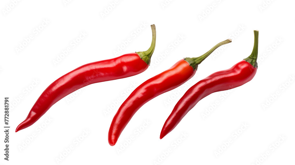Three Red Peppers on White Background. On a White or Clear Surface PNG Transparent Background..