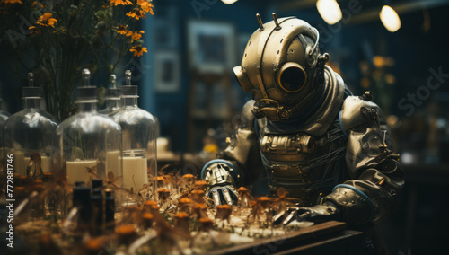 Diver sits at table in restaurant wearing suit and helmet.