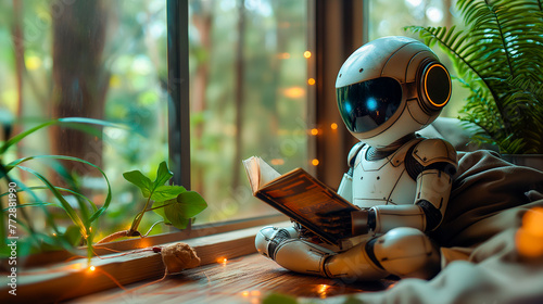 Robot reading books by different authors in his room while looking