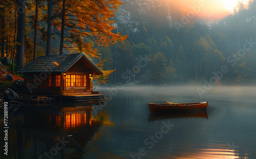 Boathouse on the lake at sunset