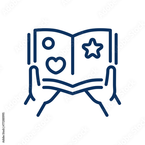 Child's Reward Sticker Book Icon. Simple Line Illustration of an Open Book Adorned with Stickers and Stars, Symbolizing Motivation System, Rewards for Achievements and Assistance.