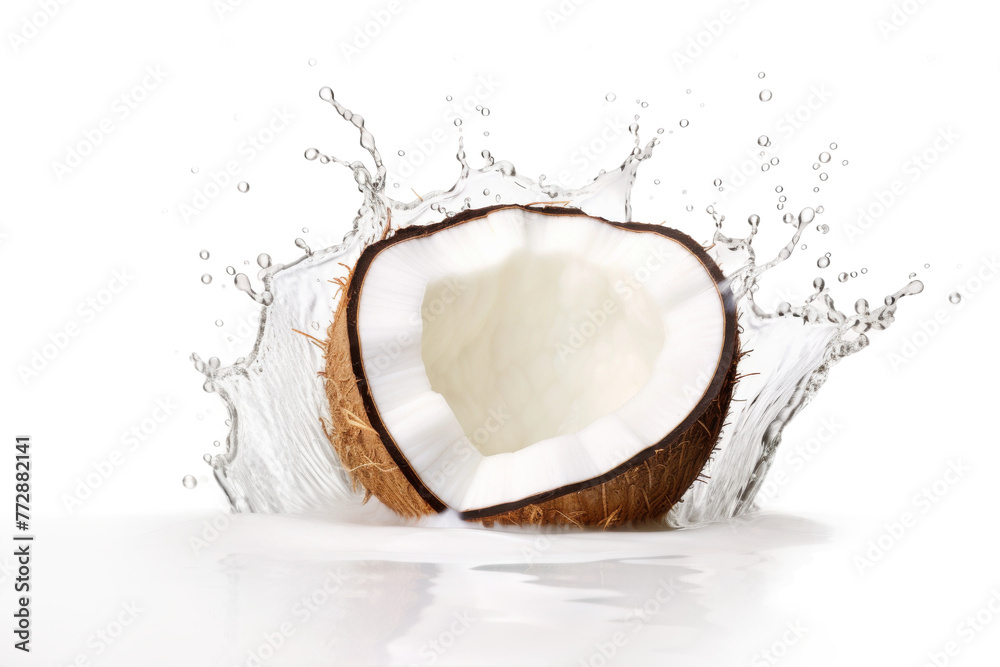 Coconut Splashing Into Water on White Background. On a White or Clear Surface PNG Transparent Background.. Coconut Splashing Into Water on White Background. On a White or Clear Surface PNG Transparent Background..