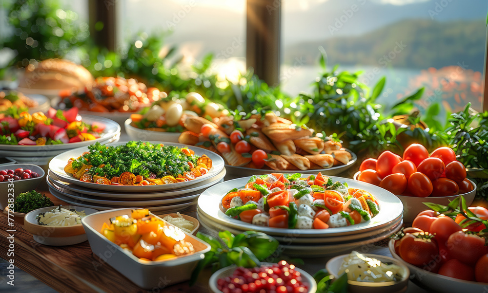 Buffet table with variety of delicious fresh vegetables fruit salad and cheese Buffet table with variety of delicious fresh vegetables fruit salad and cheese