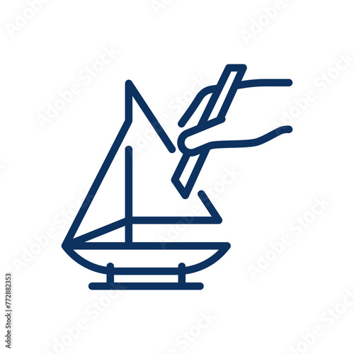 Model Assembly Hobby Icon: Editable Thin Line Illustration of a Sailboat Model for Miniature Model Building, Child's Hobby and Detailed Model Kit DIY Craft for Child Development.