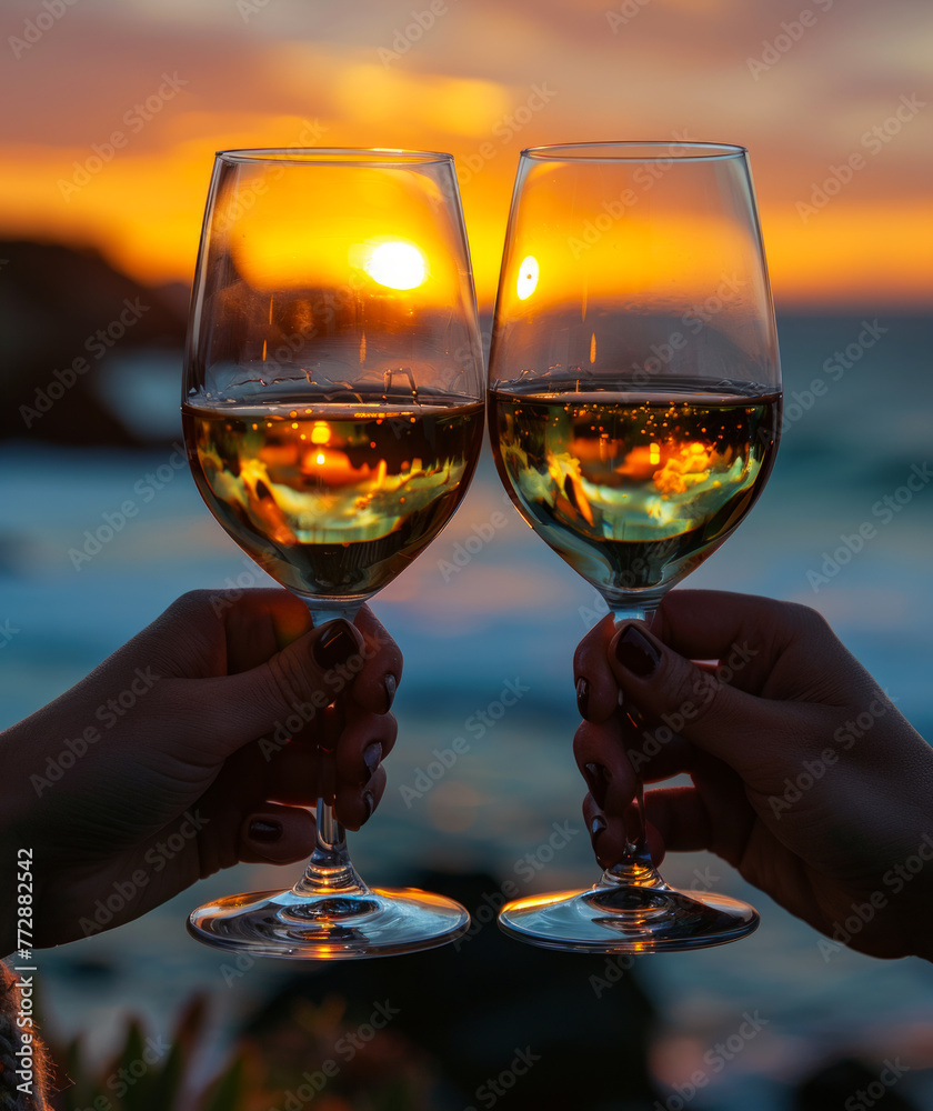 Two wine glasses clinking together in front of beautiful sunset on the beach