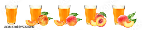 Watercolor illustration of peaches juice set close up. Glass of juice with peaches. Design template for packaging, menu, postcards © cosmicanna