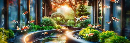 Enchanted garden scene, where water and flora create a serene haven, blending artistry with the soothing sounds of nature