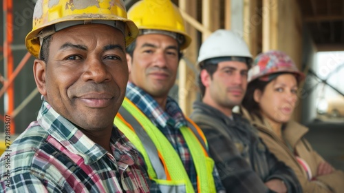 A multicultural team of professionals working on a construction site. 