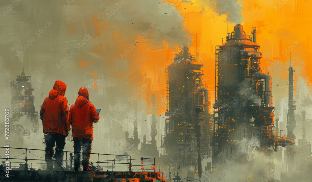 Two men in red cloaks stand on the roof and looking at the burning city digital art style illustration painting
