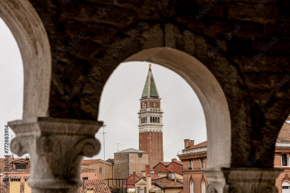 Views of the rooftops of Venice and the clock tower.
