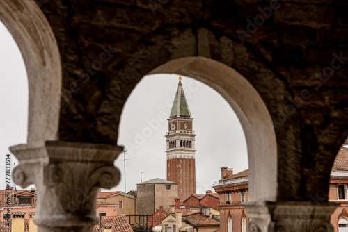 Views of the rooftops of Venice and the clock tower.