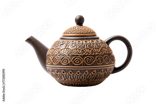Ornate Teapot With Lid and Design Pattern. On a White or Clear Surface PNG Transparent Background..