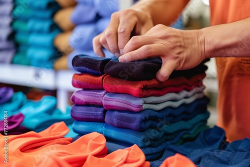 worker organizing a stack of athletic socks by color