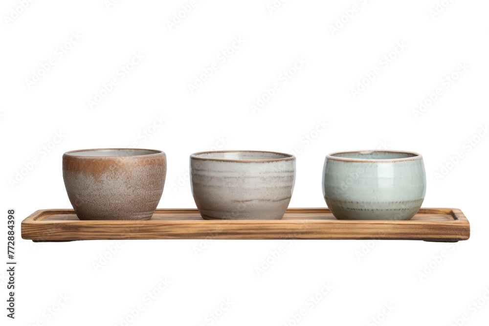 Three Bowls on Wooden Tray. On a White or Clear Surface PNG Transparent Background.. Three Bowls on Wooden Tray. On a White or Clear Surface PNG Transparent Background..