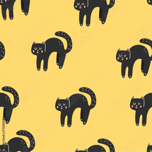 yellow seamless pattern with black cat