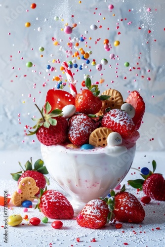 A desert, strawberry, cream, and cookies. Splashed in a milk, isolated on a white backdrop (ID: 772884926)