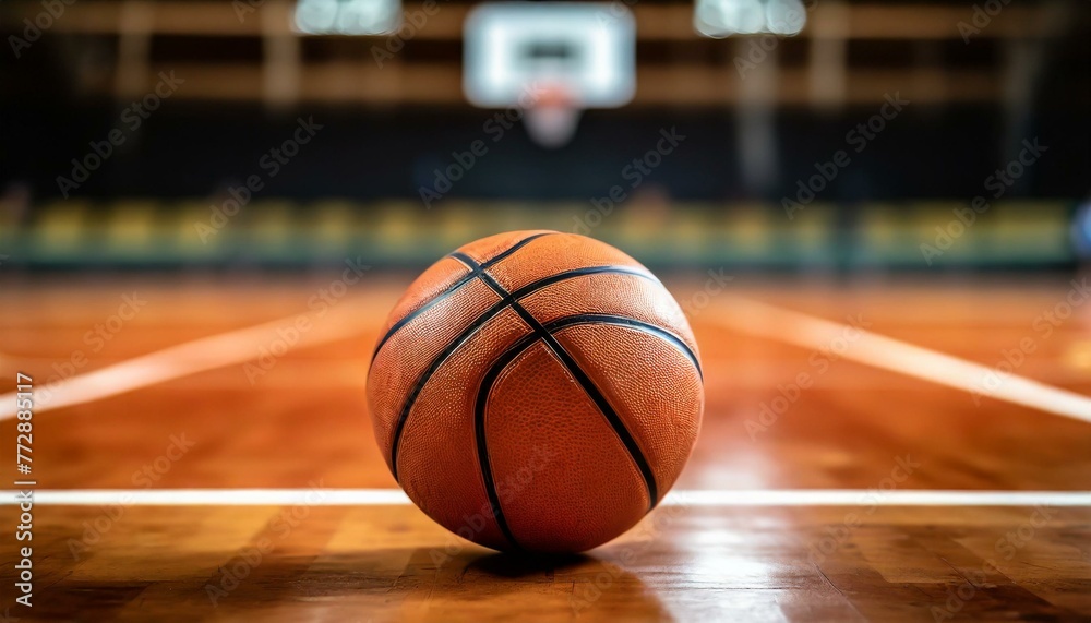 A basketball ball placed on the basketball court. close up