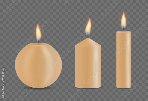 Set of realistic different Christmas, birthday, church and party glowing candle. 3d collection paraffin candles isolated on transparent background. Design template, clipart for graphics. Vector. photo