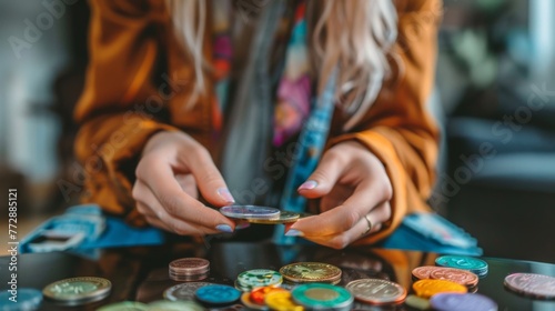 A focused individual sorting through a colorful collection of different international coins on a dark surface.