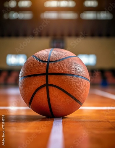 A basketball ball placed on the basketball court. close up