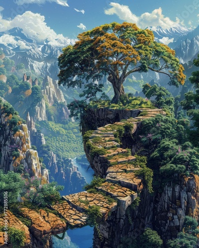 Develop a visually rich landscape where paths diverge and intertwine hinting at the intricate dance between predestination and personal choice Utilize symbolic 