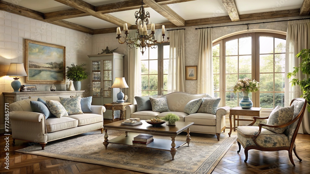 French Country style lounge room with a mix of antique French, shabby chic and farmhouse