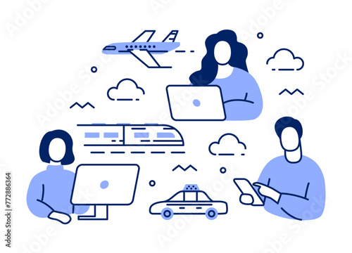 Vector illustration of people sitting in front of a laptop, planning a trip to a sporting event in Paris. Contour image of girls and men choosing transport for travel - plane, train, taxi or car. 