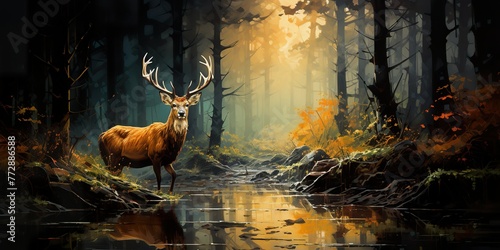 Visualize a deer with a shimmering coat  reflecting the colors of the forest and the sunlight