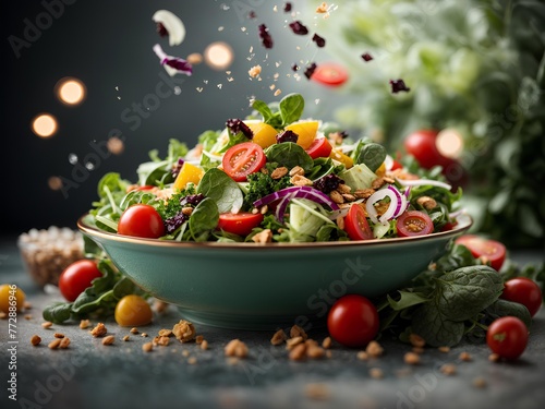 Delicious healthy salad made with nutritious ingredients  leafy greens  vegetables  fruit  studio lighting 