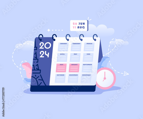 Vector illustration of a calendar with the date of sporting events in July and August 2024. Image of a calendar to help you plan your attendance at sporting events in Paris. Yearly calendar for 2024.