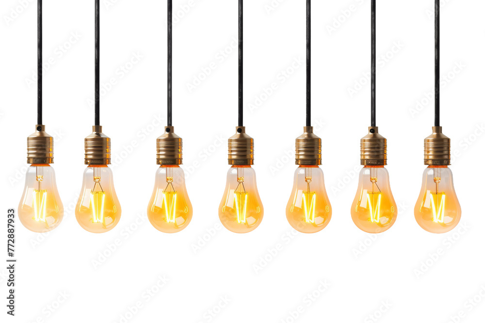Row of Light Bulbs Hanging on Line. On a White or Clear Surface PNG Transparent Background.. Row of Light Bulbs Hanging on Line. On a White or Clear Surface PNG Transparent Background..