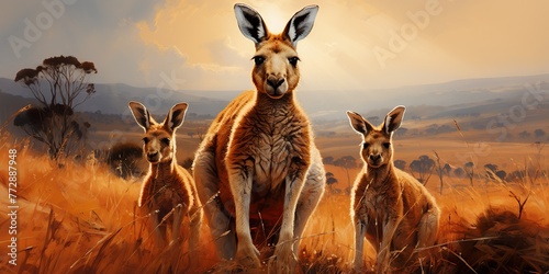 Visualize a kangaroo family grazing peacefully in a grassy meadow, their synchronized movements