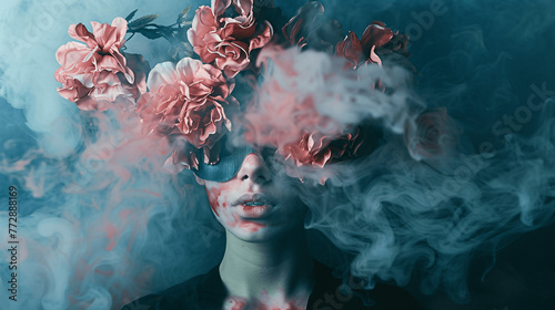professional photo portrait of a girl in apainting smoke and fog mask with flower filters on a dark background, Generative AI.