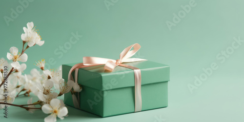 Gift box. Elegant green present box and spring flowers on a green pastel background, copy space. Beautiful Background for greeting card for Birthday, Mother's Day, Wedding, Easter
