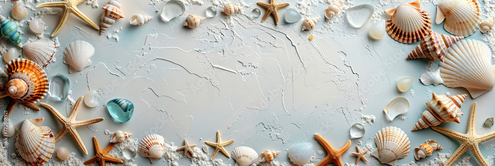 Fototapeta premium Assorted seashells and starfish frame on pale blue background with sea glass. Marine border design with copy space for summer concepts