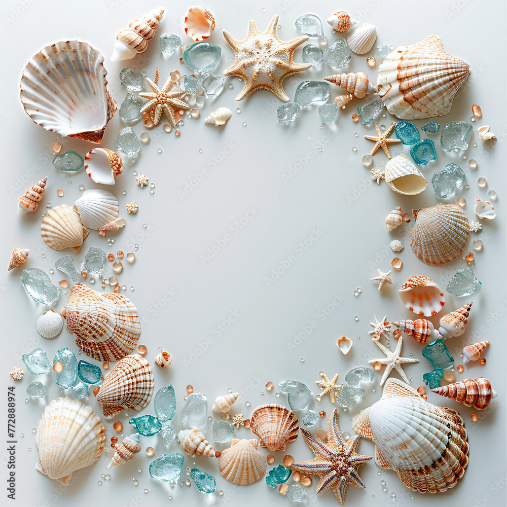 Obraz premium Assorted seashells and starfish frame on pale blue background with sea glass. Marine border design with copy space for summer concepts